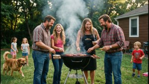 En festlig grillfest med hela familjen och en hund.