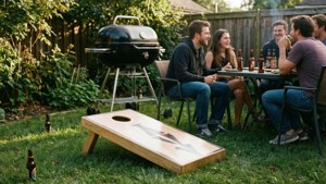 Uformell bakgårdscornhole-fest med grill, venner og avslappet ettermiddagsstemning.
