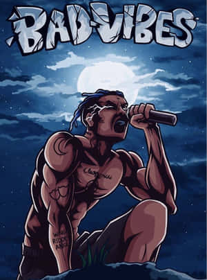 Ein tätowierter Rapper mit blauen Dreadlocks rappt in ein Mikrofon unter einem Vollmond in der Nacht. — Sad Vibes Bilder