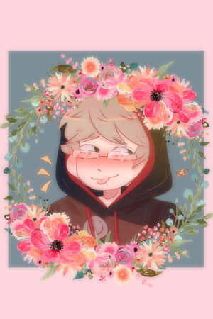 Anime character with glasses and hoodie smiling surrounded by a floral wreath.