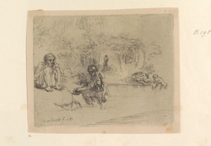 Baders by Rembrandt van Rijn, created 1651, in paper; etching. Download this artwork as a high-resolution wallpaper for desktop, tablet, or mobile. — Rembrandt van Rijn Wallpaper