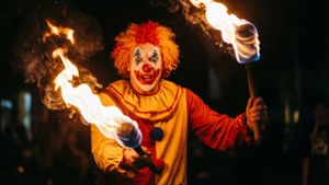 Seorang badut yang memainkan obor api di malam hari.