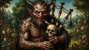 Bosch's demon die een doedelzak van een mensenhoofd bespeelt