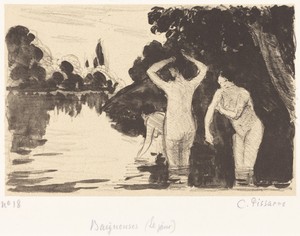 Baigneuses by Camille Pissarro, created c. 1895, in lithograph (zinc) in black on chine collé. Download this artwork as a high-resolution wallpaper for desktop, — Art Picture