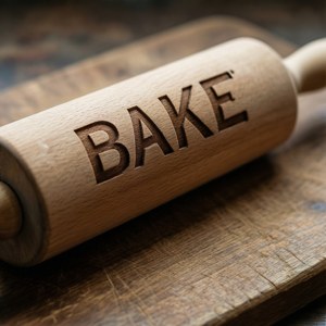 Typografi-bakgrunnsbilde med et gravert kjevle med 'BAKE'.