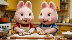 Max and Ruby bake cookies together, covered in flour, happy and messy.