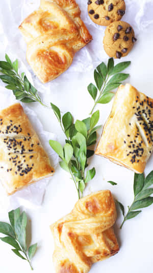 Freshly baked pastries and cookies with green leaves on white paper. — Baking iPhone Picture