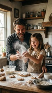 A fun baking session with dad and daughter covered in flour. — Fathers Day Wallpaper
