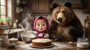 Masha and the Bear bake a delicious cake in a warm kitchen.