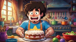 Steven prepara una torta nella cucina del tempio, coperto di farina e sorridente.