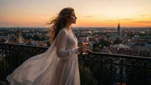 Yennefer en un balcón con vista a una ciudad al atardecer