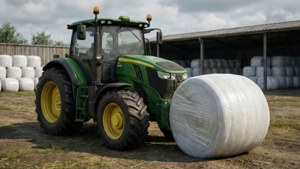 Sebuah traktor membungkus bal jerami dengan plastik di halaman penyimpanan bersama bal lainnya