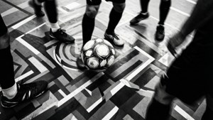 En abstrakt ovanifrånvy av en futsalboll med suddiga spelarfötter runt den.