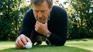 Duffy Waldorf analyseert zijn golfbal op het gras.