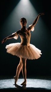 Ballerina in weißem Tutu unter Scheinwerfer auf dunkler Bühne.