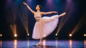 Ana Golja udfører en ballet arabesk i en tutu på scenen, pastelbelysning.
