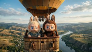 Bubu et Dudu flottent au-dessus de collines pittoresques dans une montgolfière.