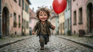 En legesyg scene af en barnlig dreng med en rød ballon, der løber gennem en brostensbelagt landsby.