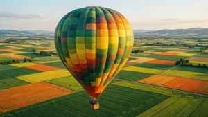 Low-poly hot air balloon over patchwork fields in green, yellow, orange.