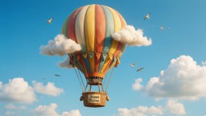 Ein skurriles Heißluftballon-Tapet mit 'Happy Friday' am Korb, schwebend in einem blauen Himmel.