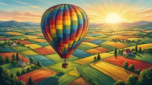 Sfondo artistico vettoriale panoramico di una mongolfiera su campi colorati.