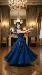Saori Kido dansar i en balsal i en blå klänning.