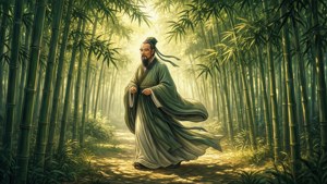 Una carta da parati serena di Laozi che cammina in un boschetto di bambù illuminato dal sole