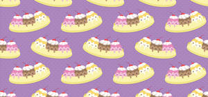 Motif répétitif de coupes glacées cartoon souriantes avec des cerises sur fond violet.