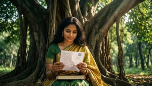 Aarti membaca surat di bawah pohon beringin dengan sinar matahari berbintik dan suasana damai
