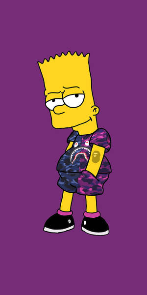 Bart Simpson wearing a purple camouflage outfit with shark and ape logos. — Bart Simpson Swag Picture