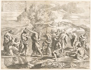 Baptism by Jean Dughet, created c. 1650, in etching with engraving on two sheets of laid paper. Download this artwork as a high-resolution wallpaper for desktop — Jean Dughet Wallpaper