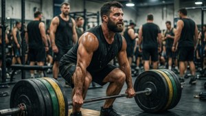 Aziz Shavershian Zyzz hebt schwere Gewichte beim Kreuzheben in einer rustikalen Fitnessstudio-Szene