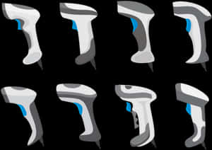 Eight barcode scanners in white gray and blue on black background. — Sales PNG