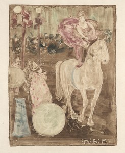 Bareback Rider by Maurice Prendergast, created c. 1895, in color monotype. Download this artwork as a high-resolution wallpaper for desktop, tablet, or mobile. — Art Picture
