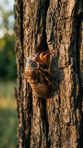 Cicadenymfe som kommer ut av sprekk i trebark.