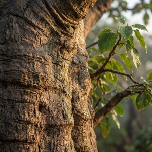 Intim nærbillede af baobab bark med morgendugdråber.