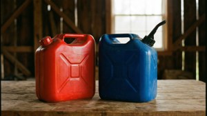 Bidones de gasolina rojos y azules en un entorno rústico de granero.