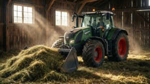 Traktor Fendt dengan pemuat bekerja di dalam lumbung yang penuh jerami.