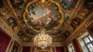 Deckenfresko mit Blattgold und Rollwerk in einem opulenten Barockschloss