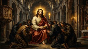 Drammatico dipinto barocco di Cristo con peccatori penitenti in un interno di chiesa illuminato da candele