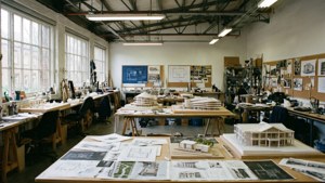 Bengkel sibuk di Bartlett School of Architecture UCL dengan model dan gambar