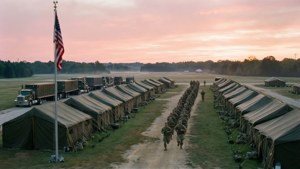 Perkemahan pangkalan National Guard saat matahari terbit, tentara berlari, bendera dan tenda dalam cahaya fajar yang lembut.