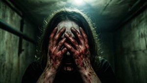 Gyserfilmstill af en person i smerte, blodig og skjuler ansigtet i en mørk kælder.