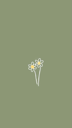 Zwei einfache liniengezeichnete Gänseblümchen mit gelben Zentren auf olivgrünem Hintergrund. — Minimalistische Ästhetik Wallpaper