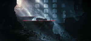 Futuristic car with red lights on floating platform in dark cavern with sunlight beams. — Batman Aesthetic Picture