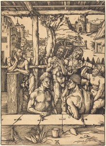 Bath House by Albrecht Dürer, created c. 1496/1497, in woodcut on laid paper. Download this artwork as a high-resolution wallpaper for desktop, tablet, or mobil — Albrecht Dürer Wallpaper