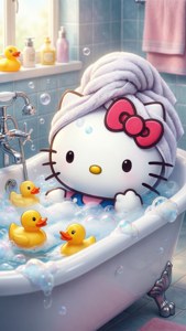 Hello Kitty genießt ein entspannendes Bad mit Blasen und Enten.
