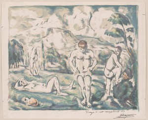 Bathers by Paul Cezanne, created 1890–1900, in Color lithograph on ivory laid paper. Download this artwork as a high-resolution wallpaper for desktop, tablet, o — Paul Cezanne Wallpaper