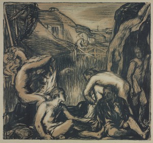 Bathers by Charles Hasslewood Shannon, created 1904, in lithograph in blue-green and beige. Download this artwork as a high-resolution wallpaper for desktop, ta — Charles Hasslewood Shannon Wallpaper