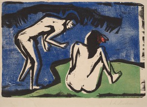 Bathing Couple by Ernst Ludwig Kirchner, created 1910, in color woodcut printed in black, blue, green, and red on blotting paper. Download this artwork as a hig — Ernst Ludwig Kirchner Wallpaper